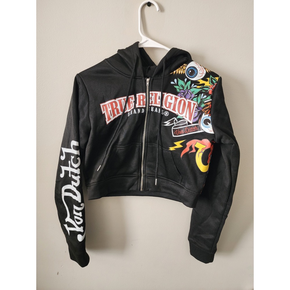 True Religion Von Dutch Cropped Zip Up Hoodie Black Rhinestone Graphic Small